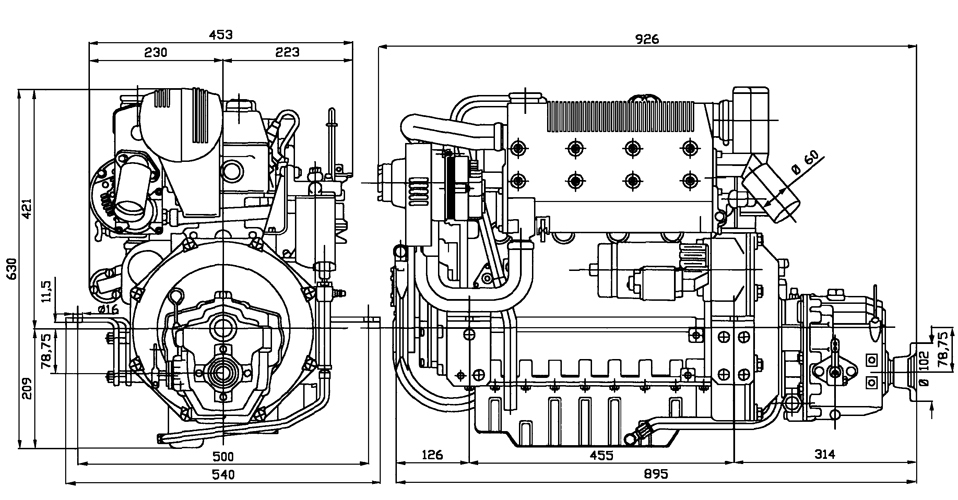 Dimensioni motore Lombardini Marine LDW 1904M