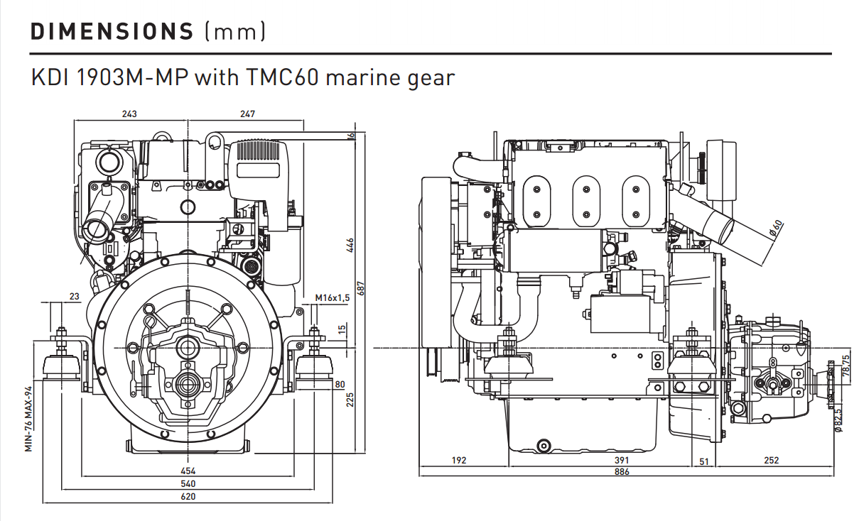 Dimensioni motore Lombardini Marine Kohler KDI 1903M-MP