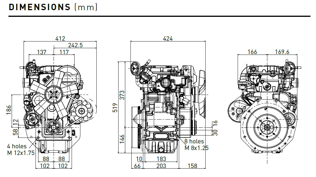 Dimensioni motore Lombardini LDW 702
