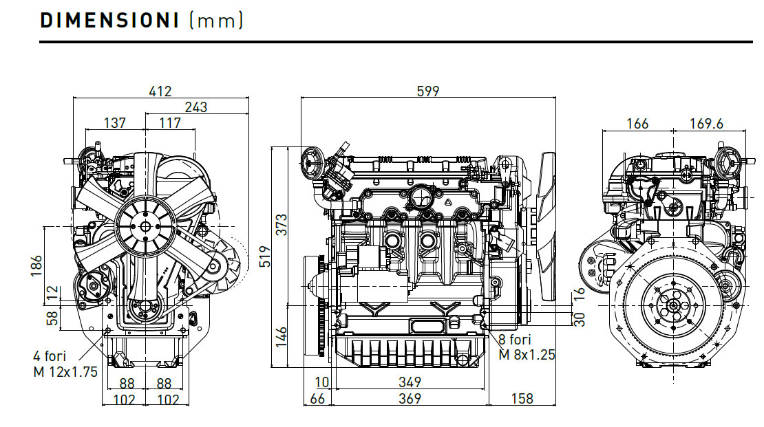 Dimensioni motore Lombardini LDW 1404