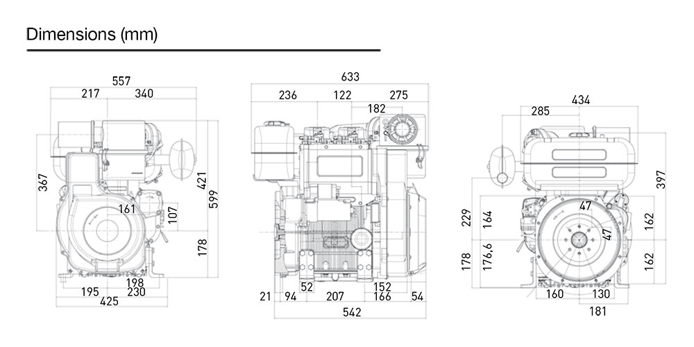 Dimensioni motore Kohler KD 625/2