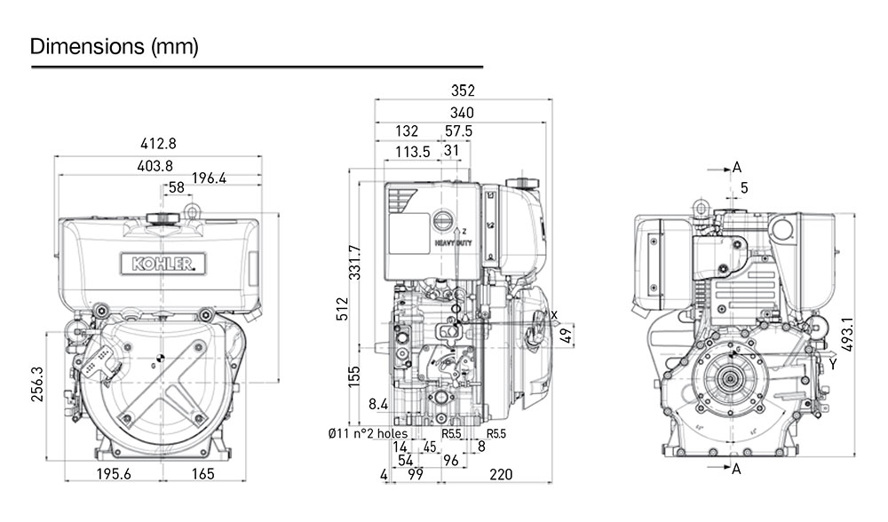 Dimensioni motore Kohler KD15 440s