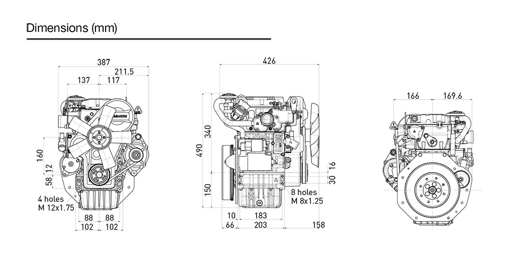 Dimensioni motore Kohler KDW 502